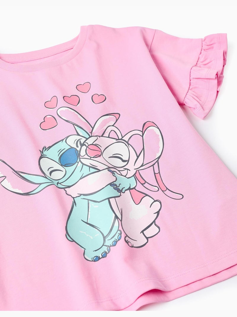 T-shirt in cotone con stampa stitch e angel e volant Rosa - Kiabi