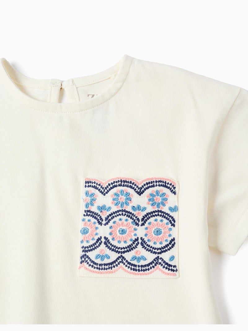 T-shirt in cotone con tasca ricamata Beige chiaro - Kiabi