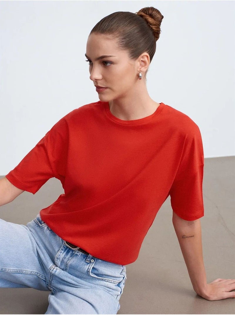 T-shirt in cotone da donna con girocollo dilvin Rosso - Kiabi
