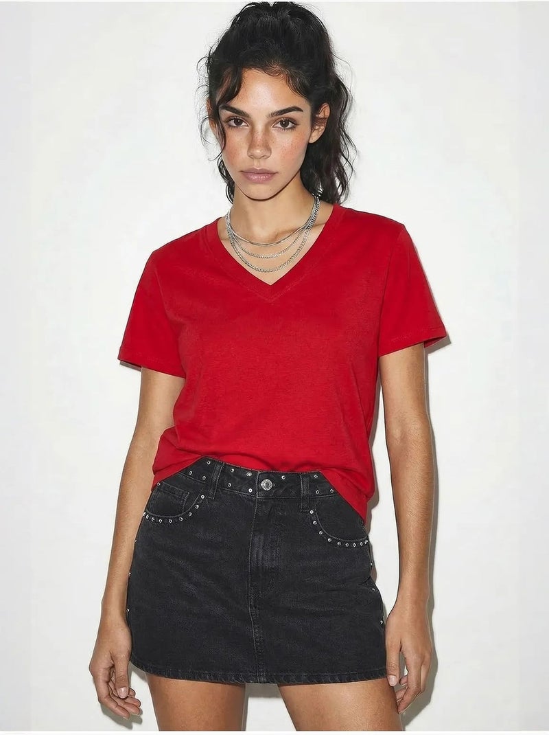 T-shirt in cotone pettinato con scollo a v comfort fit lucci Rosso - Kiabi