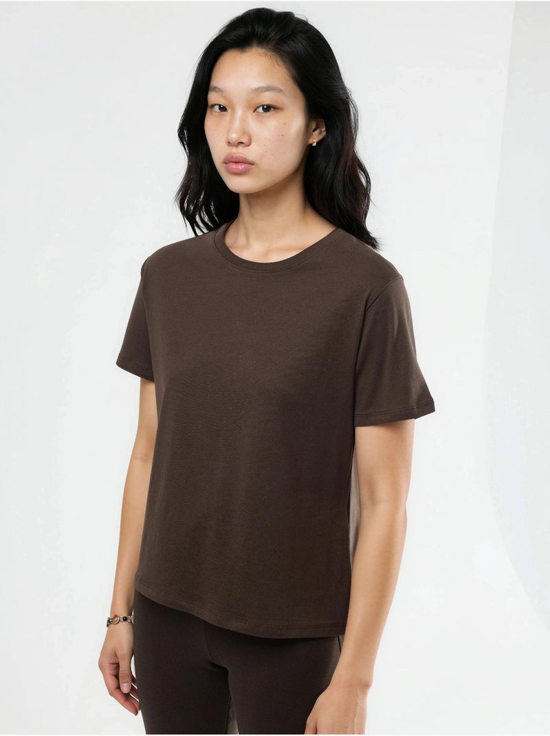 T-shirt in cotone tinta unita con girocollo busem Marrone cioccolato - Kiabi