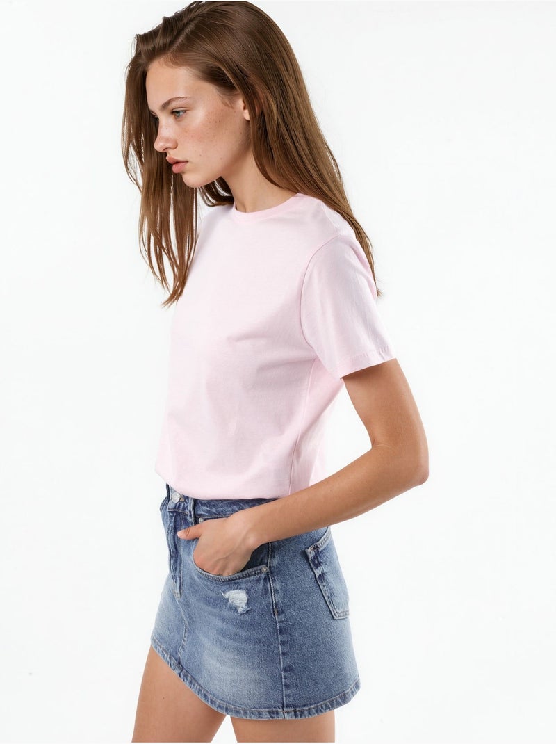 T-shirt in cotone tinta unita con girocollo busem Rosa pallido - Kiabi