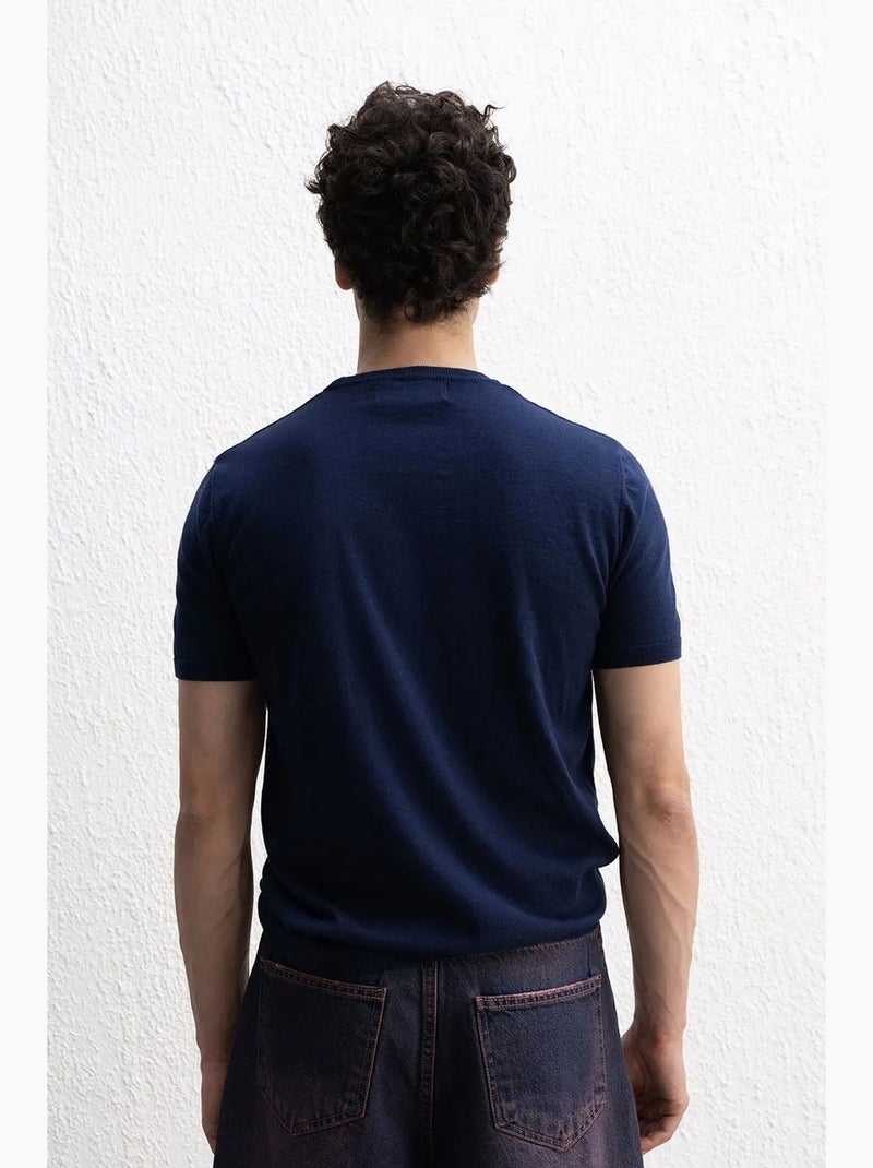 T-shirt in cotone tinta unita con girocollo giesto Blu marino - Kiabi