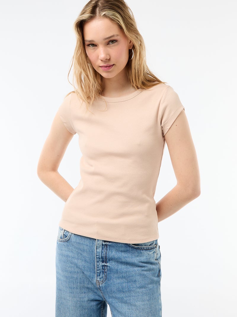 T-shirt in jersey a coste maniche corte Beige - Kiabi