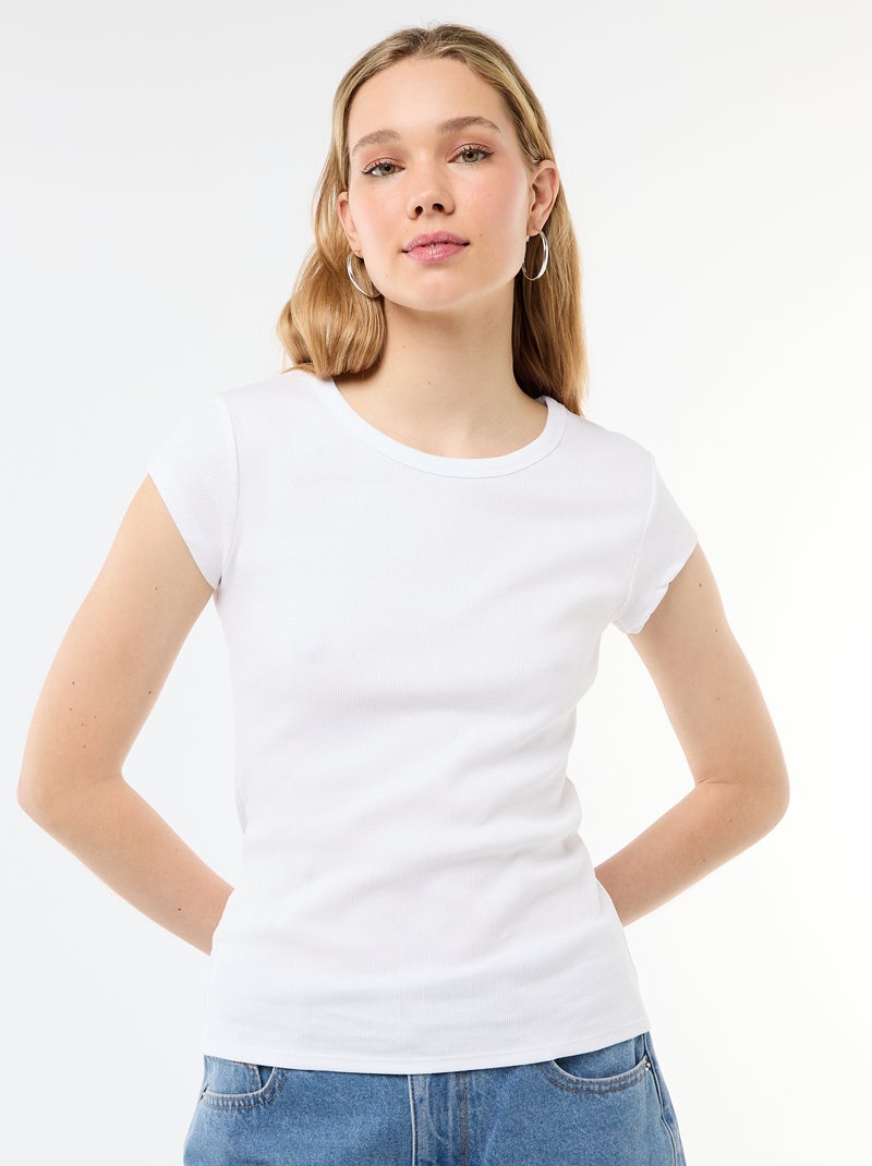 T-shirt in jersey a coste maniche corte Bianco - Kiabi