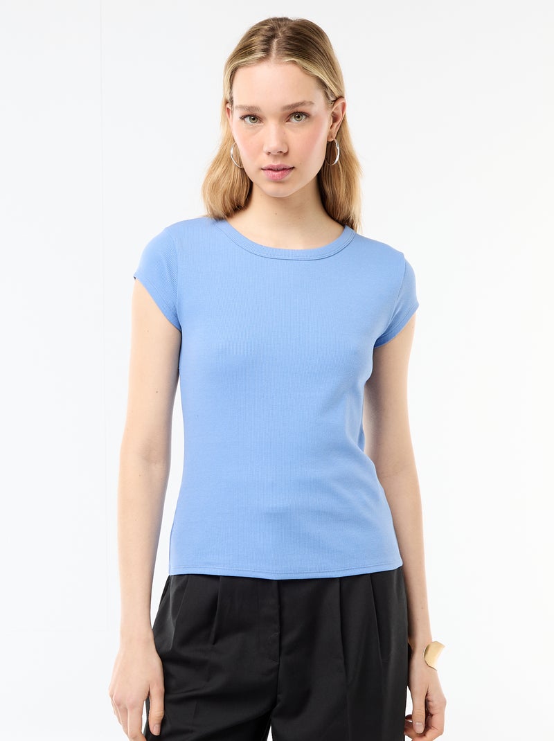 T-shirt in jersey a coste maniche corte Blu - Kiabi