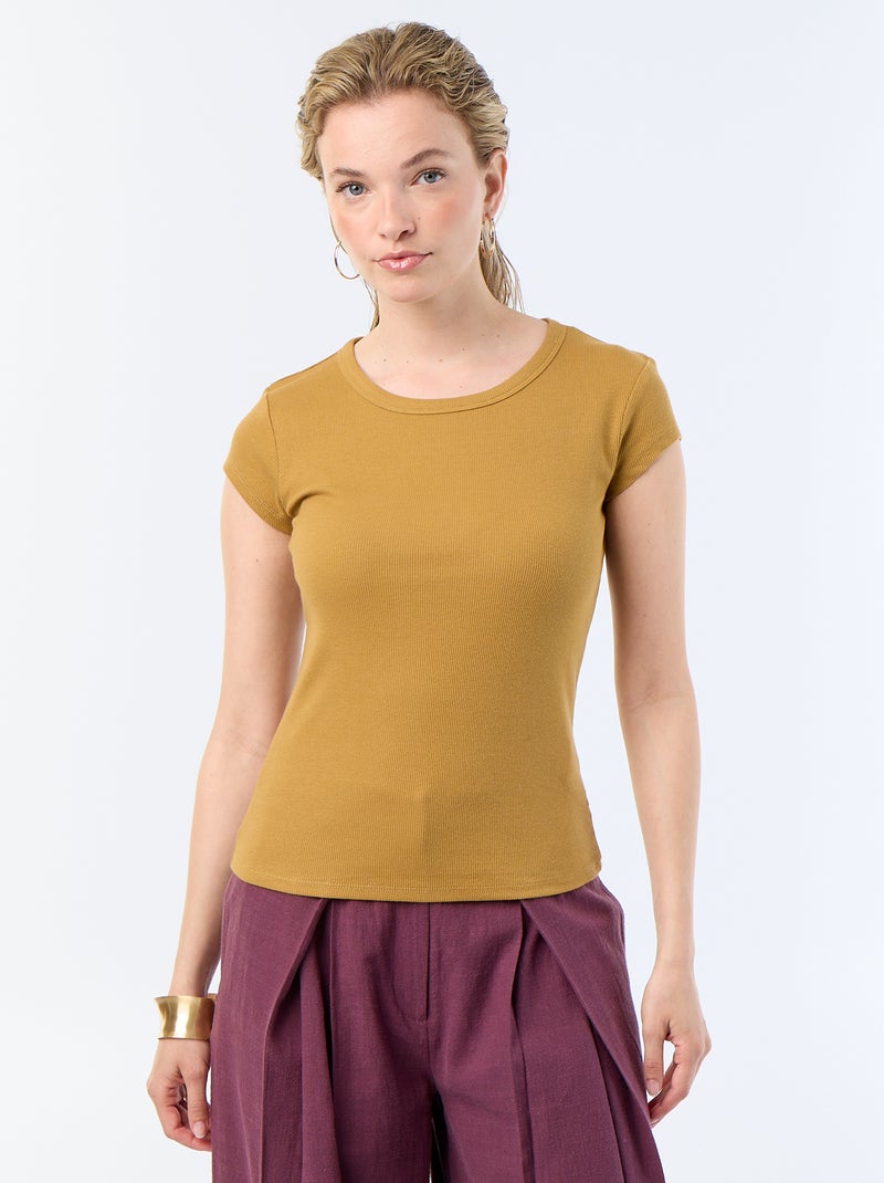 T-shirt in jersey a coste maniche corte Giallo senape - Kiabi