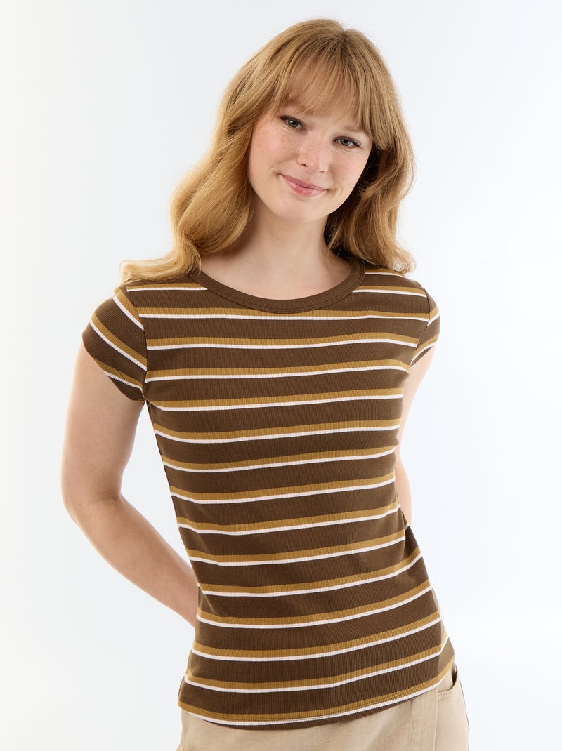 T-shirt in jersey a coste maniche corte Marrone - Kiabi