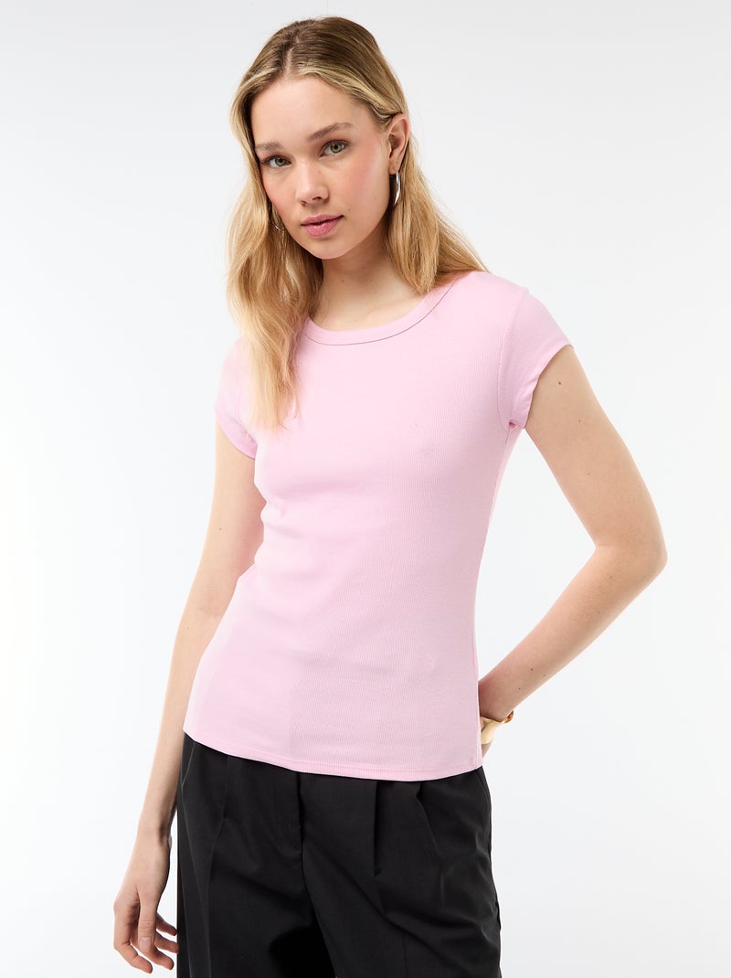 T-shirt in jersey a coste maniche corte Rosa - Kiabi