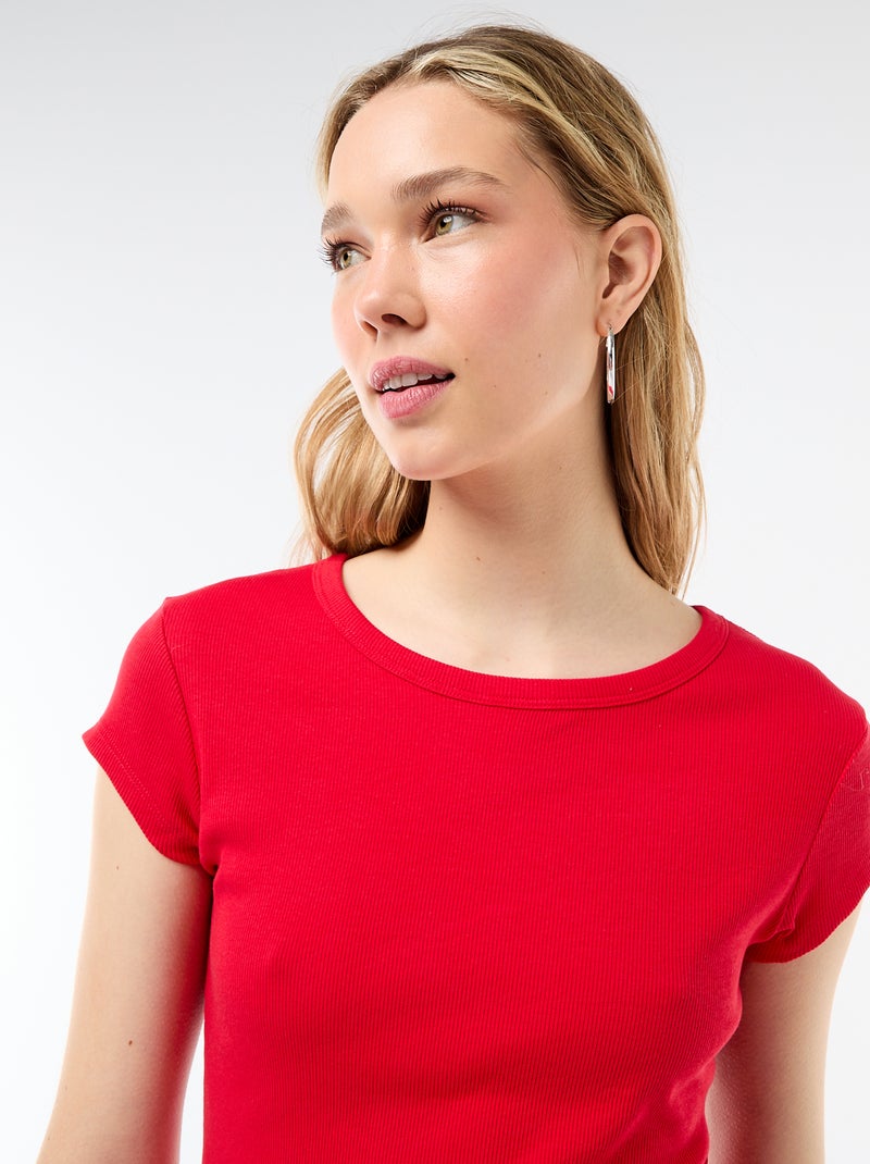 T-shirt in jersey a coste maniche corte Rosso - Kiabi
