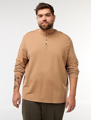 T-shirt in jersey a maniche lunghe con collo alla tunisina