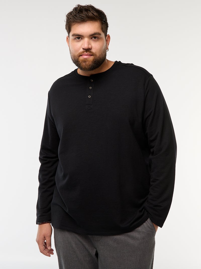 T-shirt in jersey a maniche lunghe con collo alla tunisina Nero - Kiabi