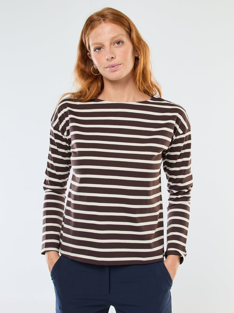 T-shirt in jersey a maniche lunghe con motivo a righe Marrone - Kiabi