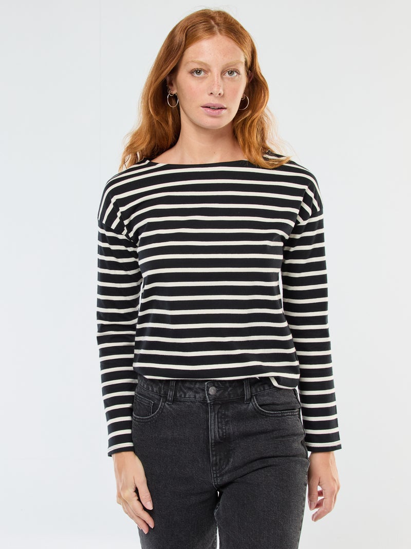 T-shirt in jersey a maniche lunghe con motivo a righe Nero - Kiabi