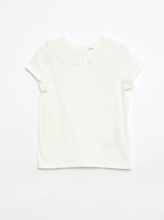 T-shirt in jersey con collo rotondo e ricami inglesi