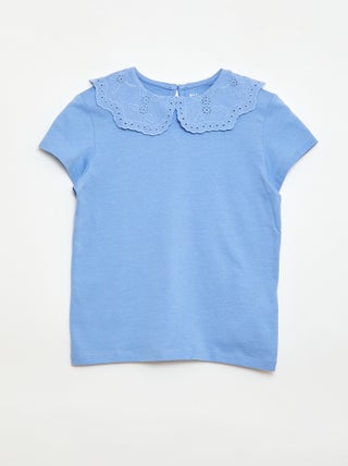 T-shirt in jersey con collo rotondo e ricami inglesi