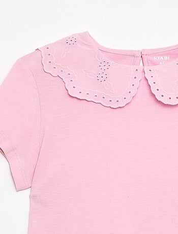 T-shirt in jersey con collo rotondo e ricami inglesi