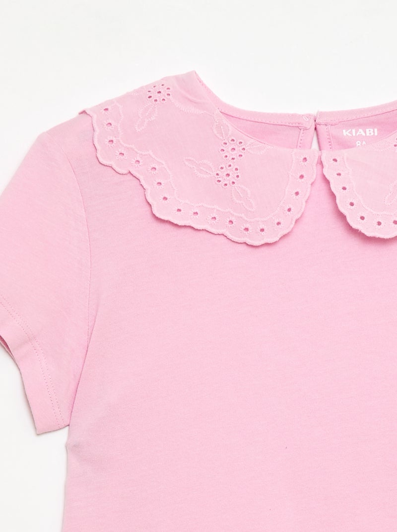 T-shirt in jersey con collo rotondo e ricami inglesi Rosa - Kiabi