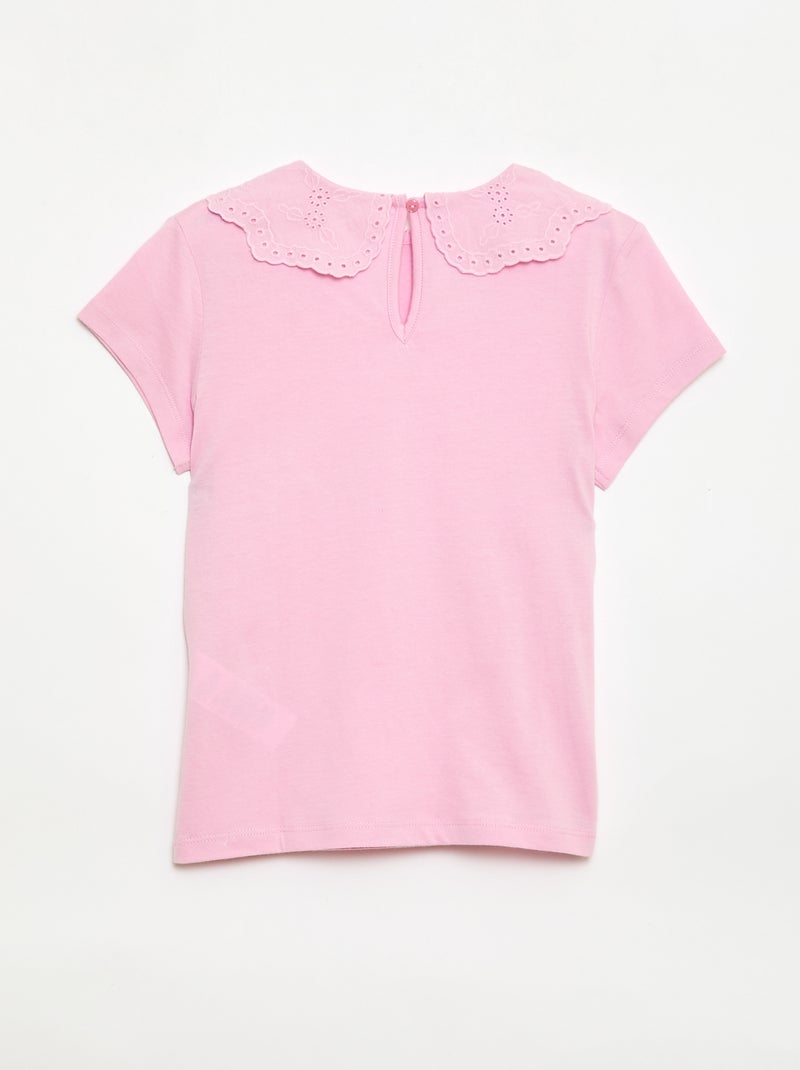 T-shirt in jersey con collo rotondo e ricami inglesi Rosa - Kiabi