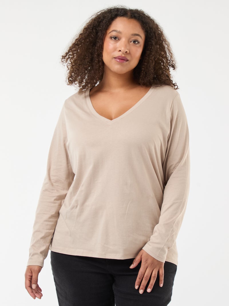 T-shirt in jersey con scollo a V e maniche lunghe Beige - Kiabi