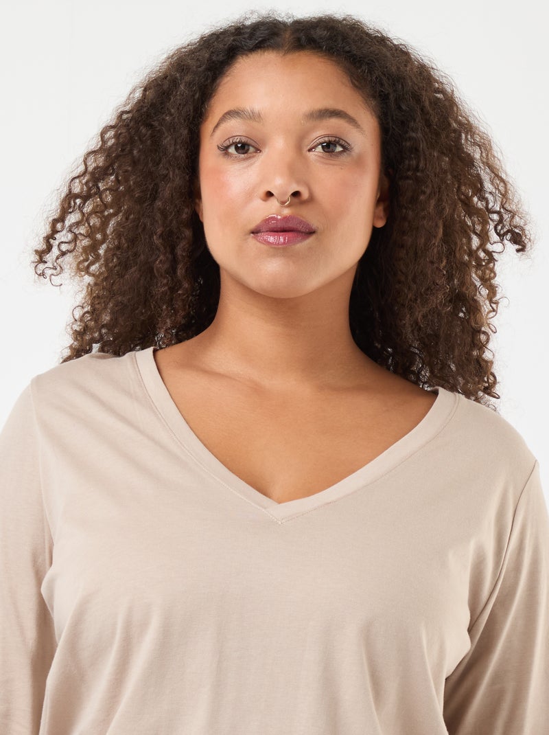 T-shirt in jersey con scollo a V e maniche lunghe Beige - Kiabi