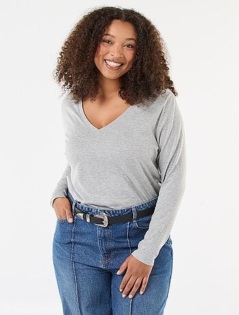 T-shirt in jersey con scollo a V e maniche lunghe