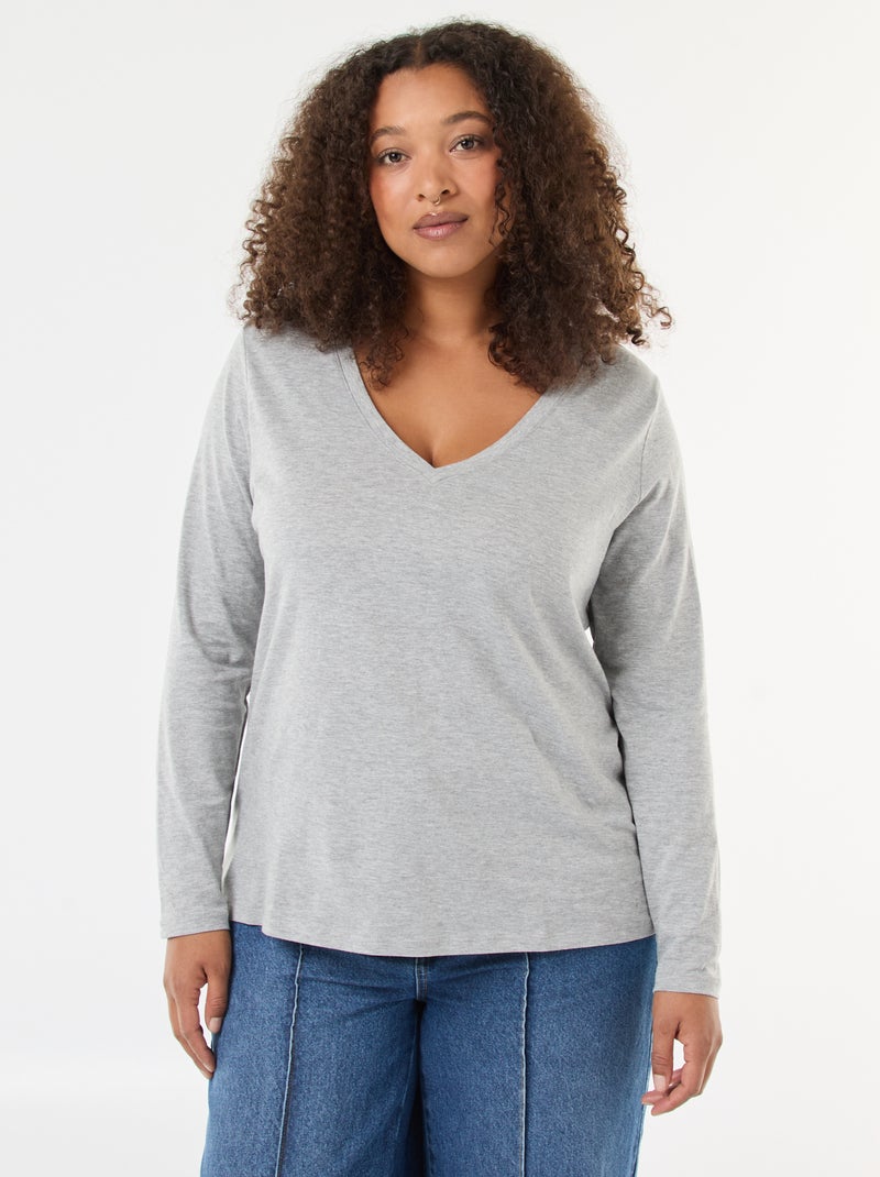 T-shirt in jersey con scollo a V e maniche lunghe Grigio - Kiabi