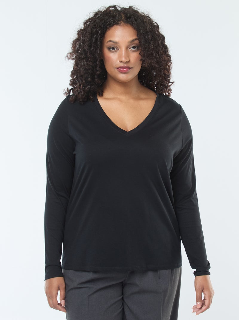 T-shirt in jersey con scollo a V e maniche lunghe Nero - Kiabi