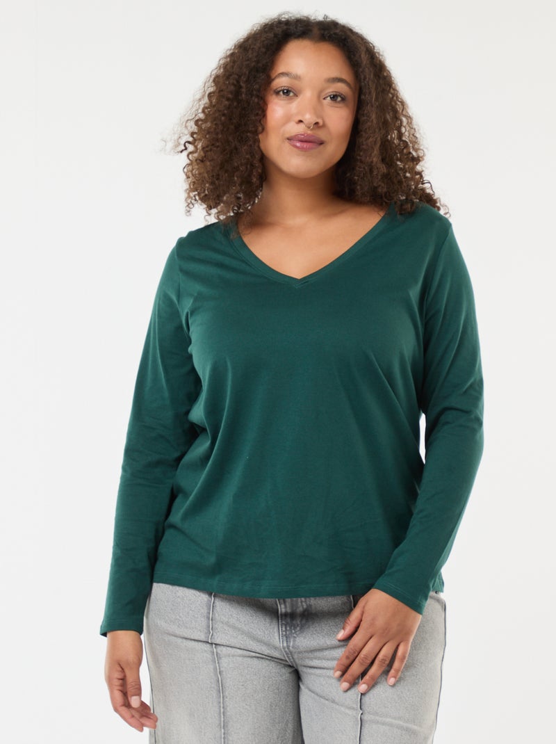 T-shirt in jersey con scollo a V e maniche lunghe Verde - Kiabi