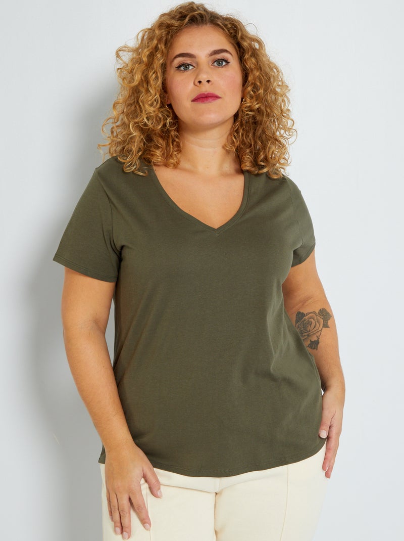 T-shirt in jersey con scollo a V KAKI - Kiabi