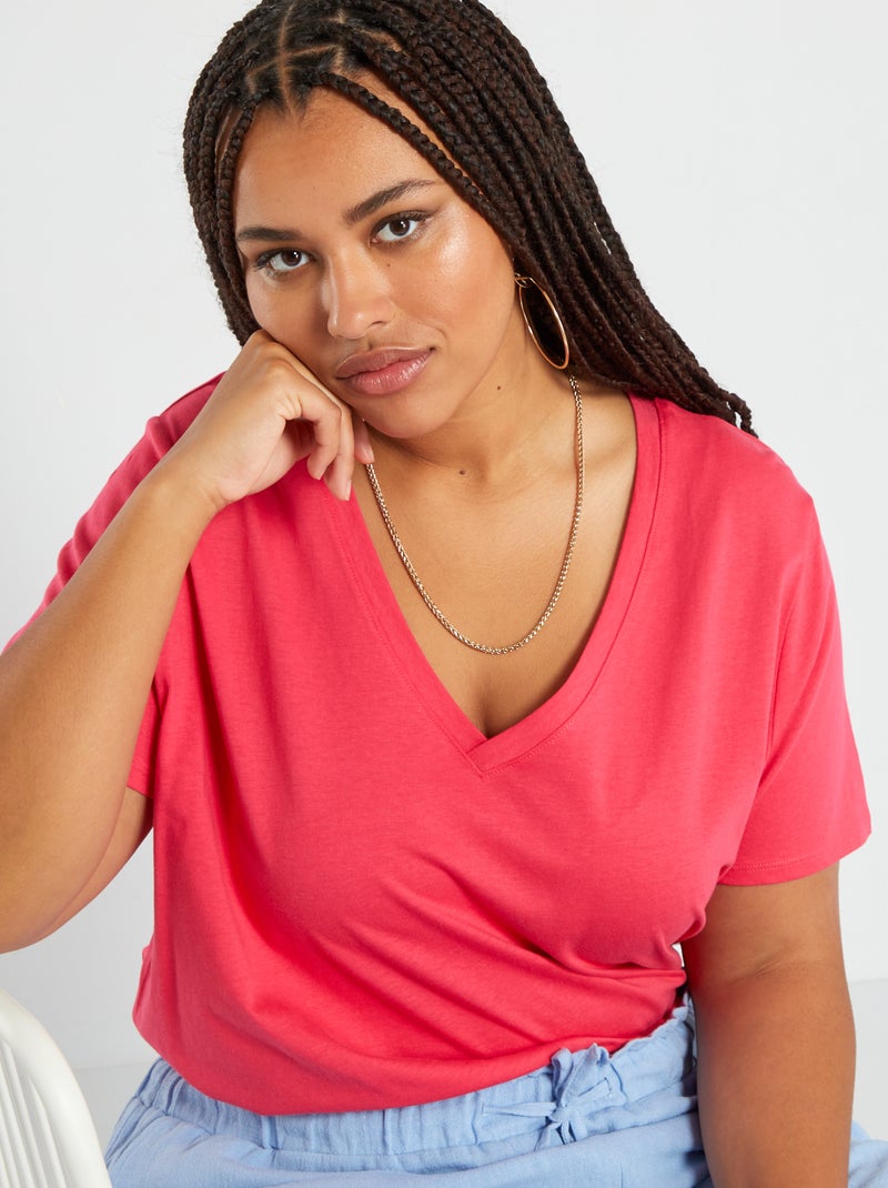T-shirt in jersey con scollo a V Rosa - Kiabi