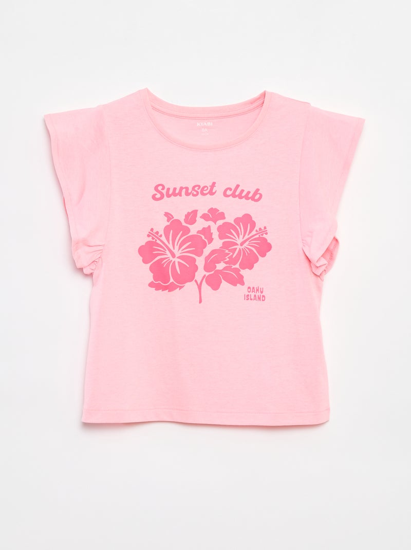 T-shirt in jersey con stampa davanti/dietro e maniche con volant ROSA - Kiabi