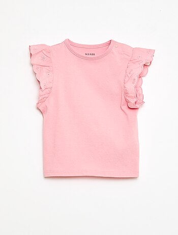 T-shirt in jersey di cotone con maniche corte in pizzo inglese