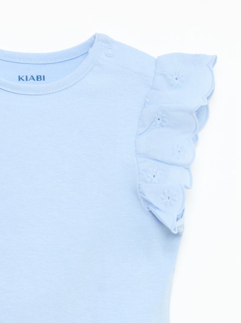 T-shirt in jersey di cotone con maniche corte in pizzo sangallo Blu - Kiabi