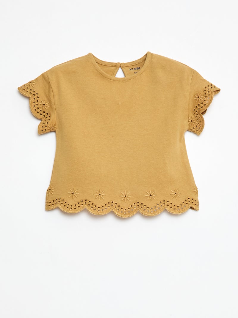 T-shirt in jersey maniche corte con ricami punto inglese Giallo - Kiabi