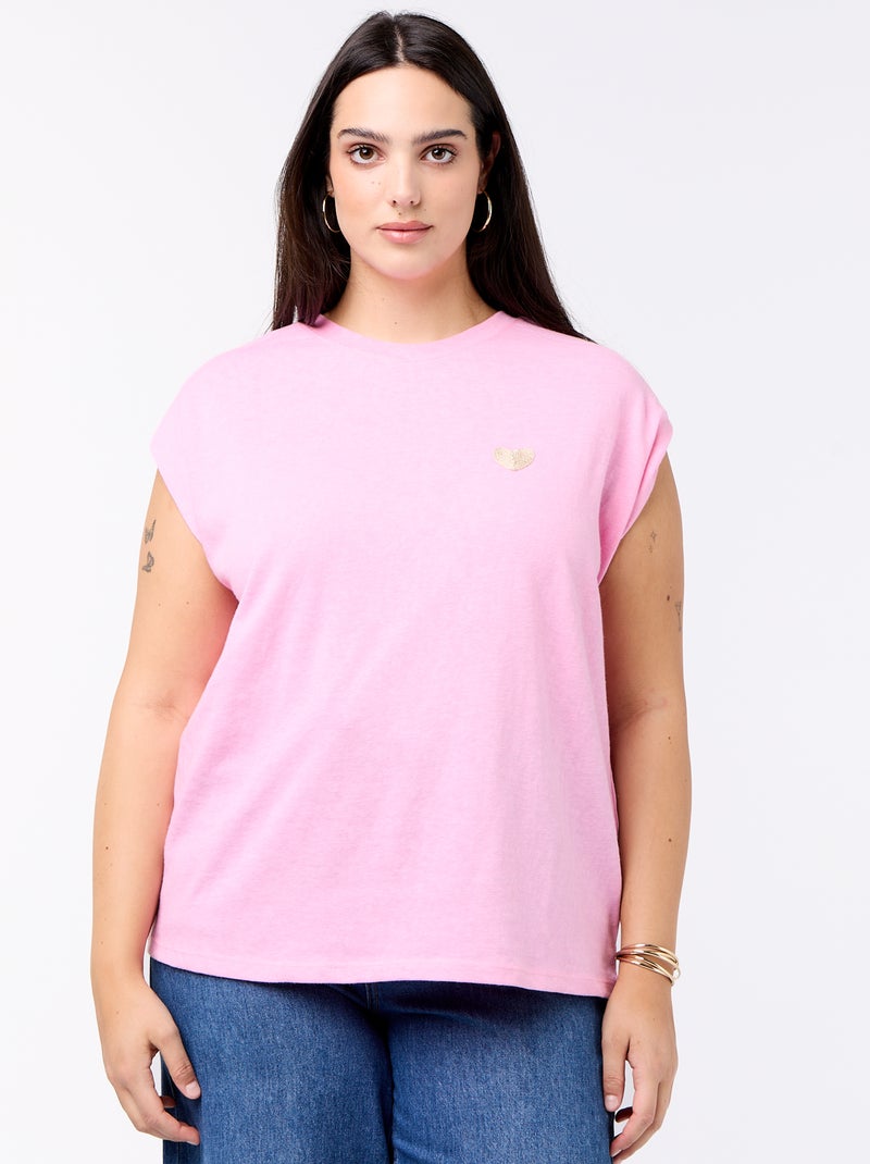 T-shirt in jersey senza maniche con piccolo ricamo sul petto Rosa - Kiabi