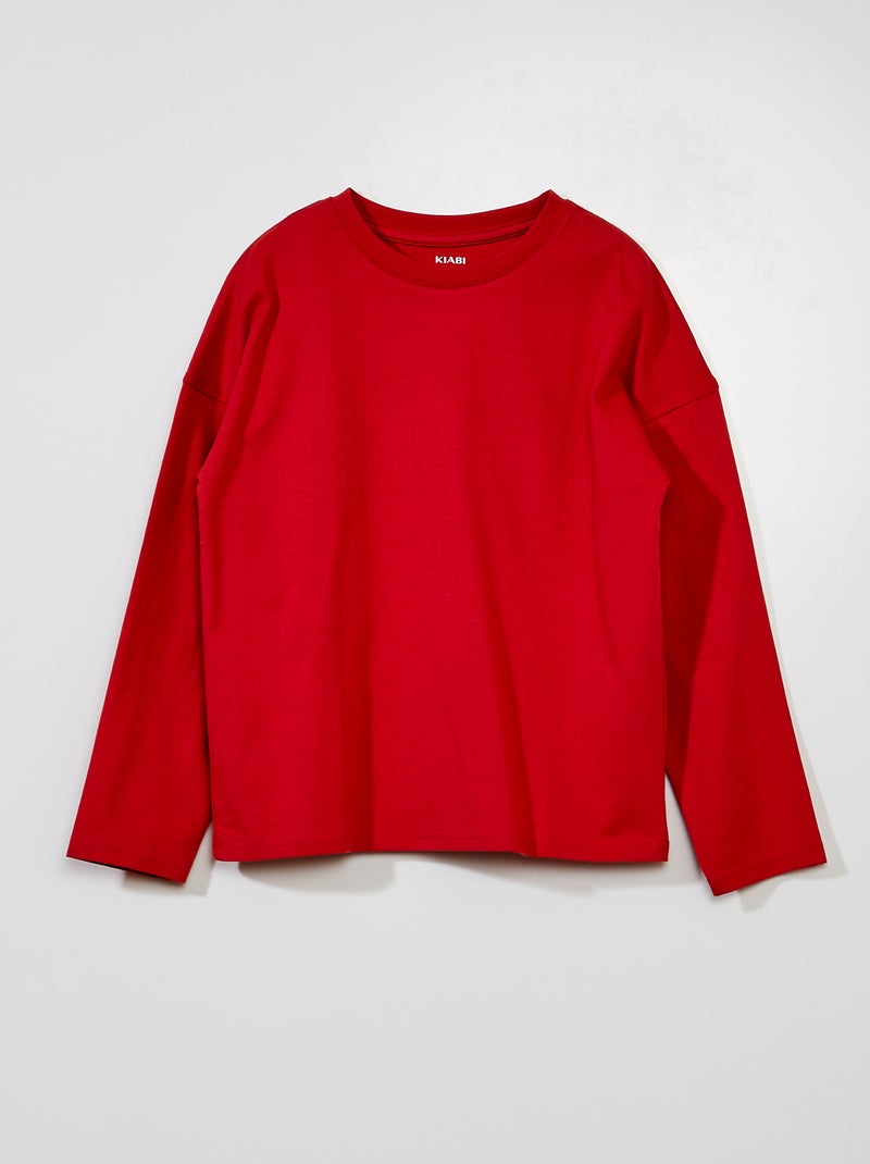 T-shirt in jersey tinta unita a maniche lunghe rosso lampone - Kiabi