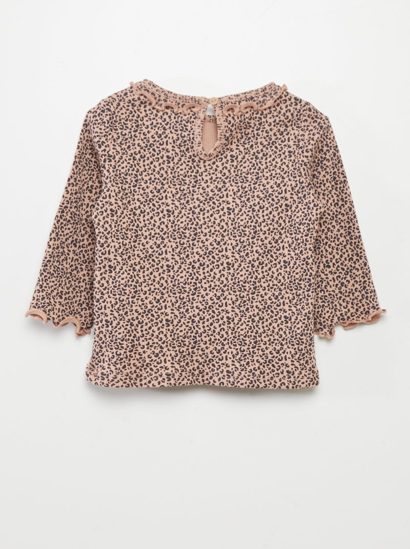 T-shirt in maglia a coste con collo con volant BEIGE - Kiabi