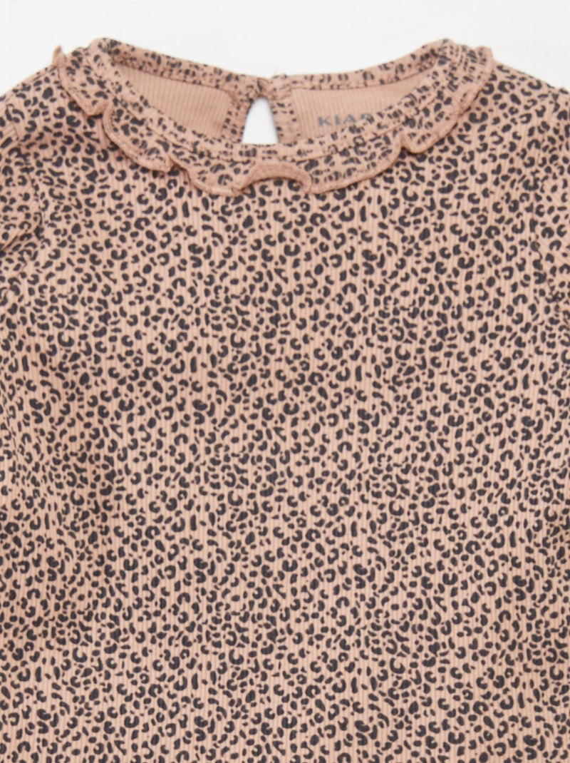 T-shirt in maglia a coste con collo con volant BEIGE - Kiabi