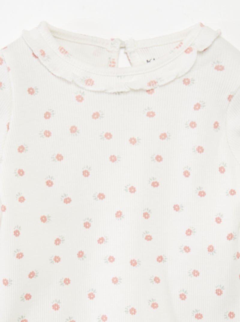 T-shirt in maglia a coste con collo con volant BIANCO - Kiabi