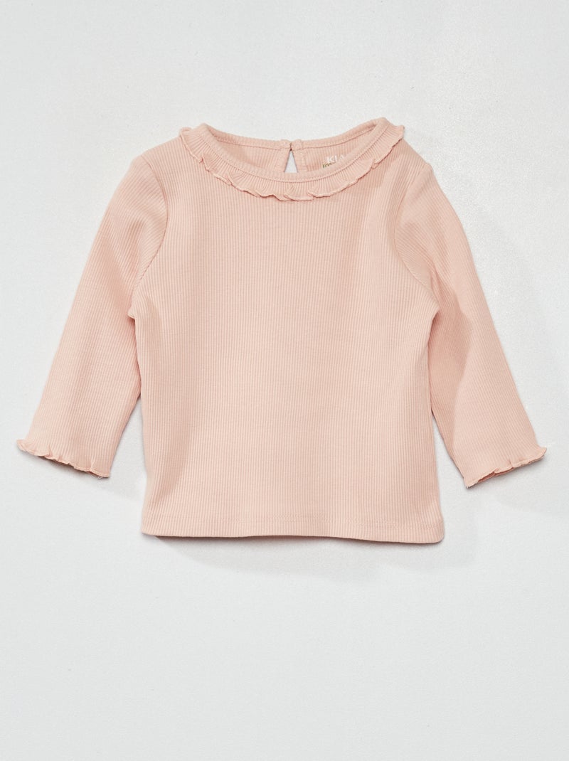T-shirt in maglia a coste con collo con volant ROSA - Kiabi
