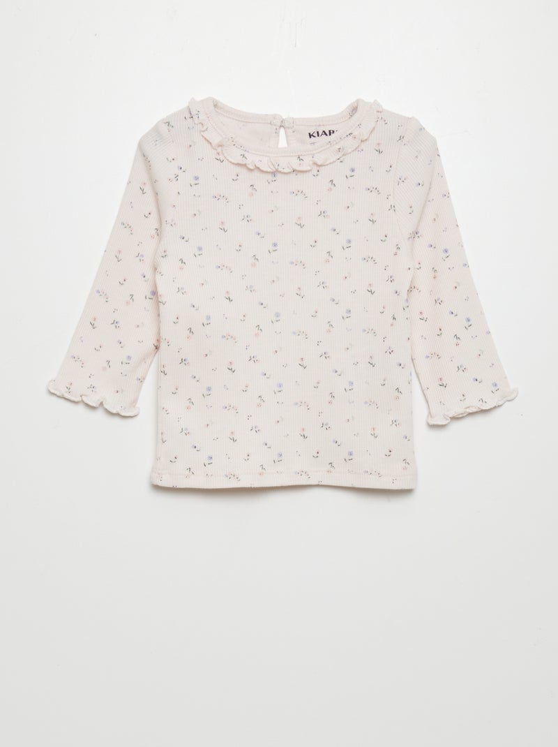 T-shirt in maglia a coste con collo con volant ROSA - Kiabi