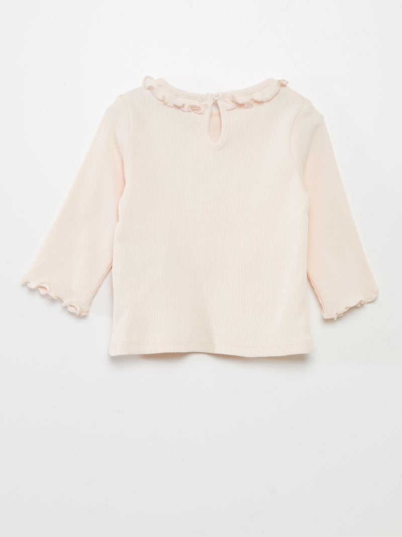T-shirt in maglia a coste con collo con volant ROSA - Kiabi