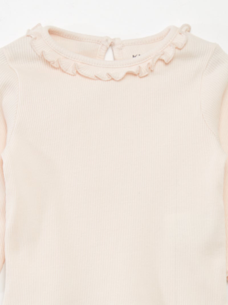 T-shirt in maglia a coste con collo con volant ROSA - Kiabi