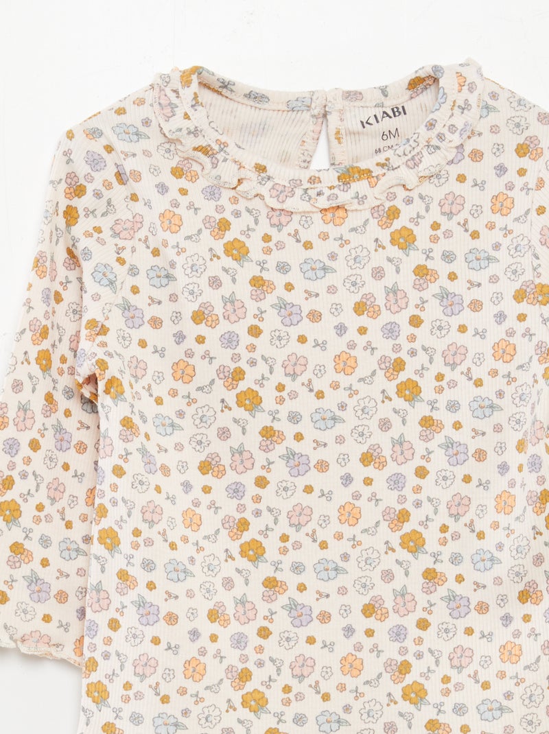 T-shirt in maglia a coste con collo con volant ROSA - Kiabi