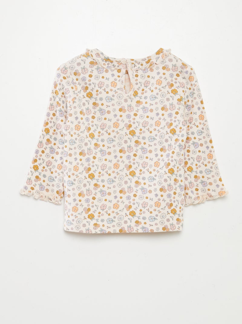 T-shirt in maglia a coste con collo con volant ROSA - Kiabi