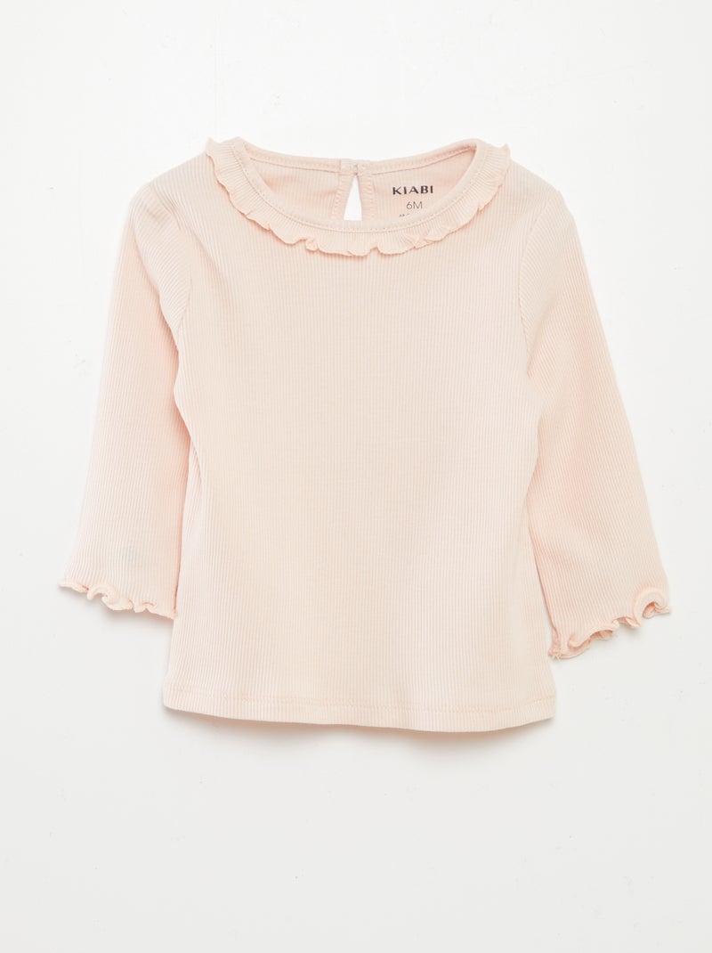 T-shirt in maglia a coste con collo con volant ROSA - Kiabi