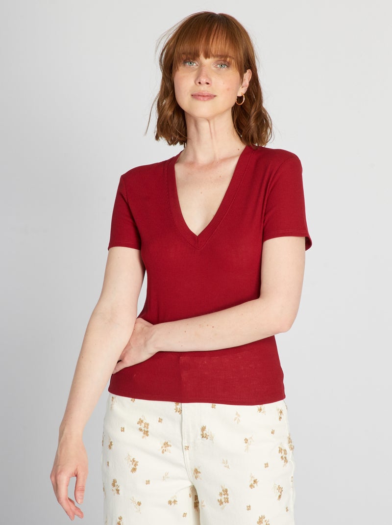 T-shirt in maglia a coste Rosso porpora - Kiabi