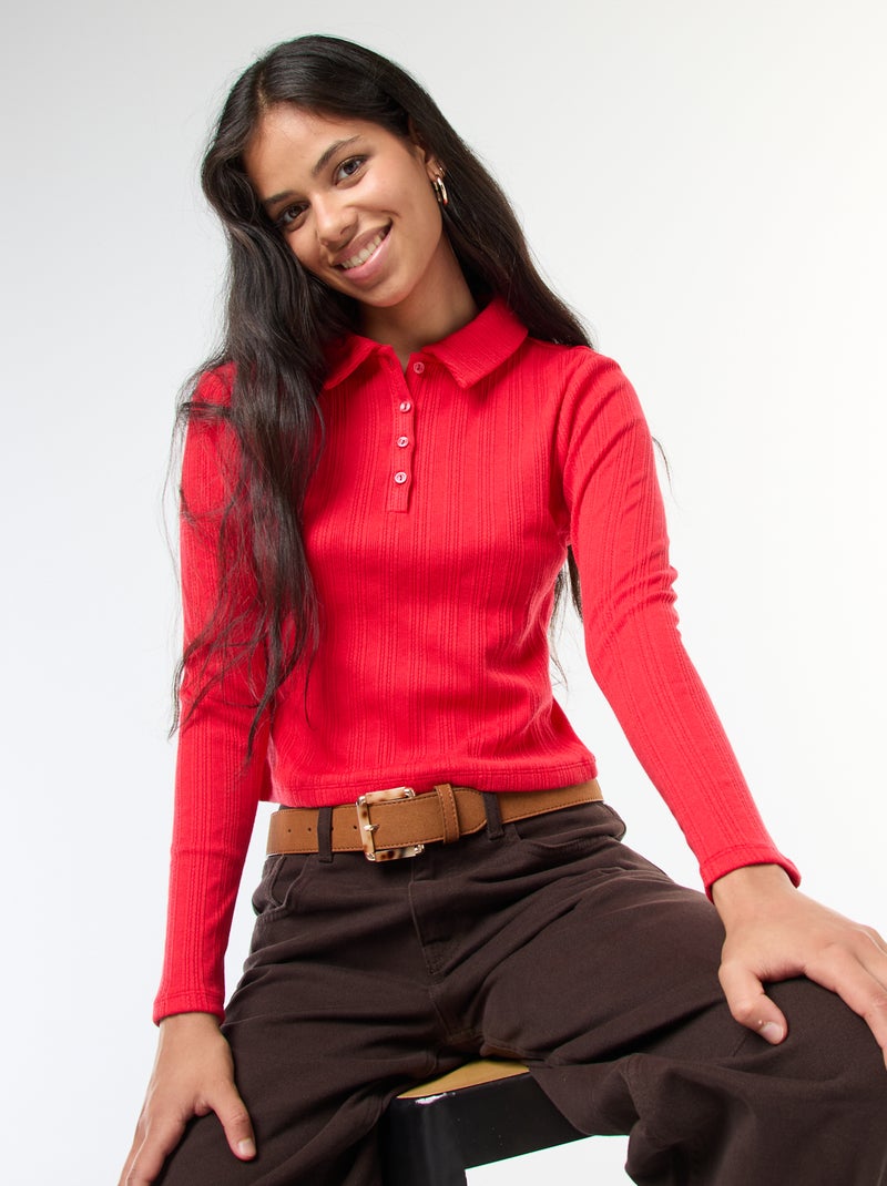 T-shirt in maglia a punto traforato con colletto polo Rosso - Kiabi