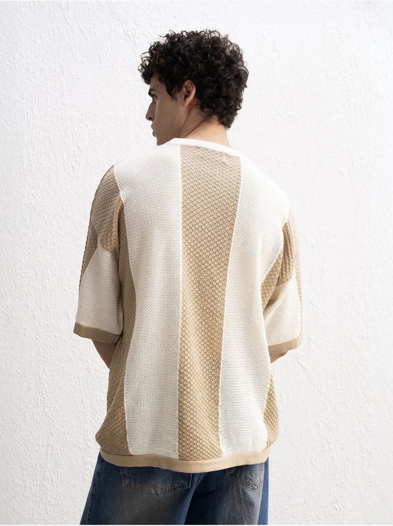 T-shirt in maglia a righe con girocollo giesto Beige argilla - Kiabi